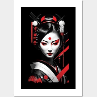 Japanese Oriental Woman - Futuriatic Style, Black & Red Posters and Art